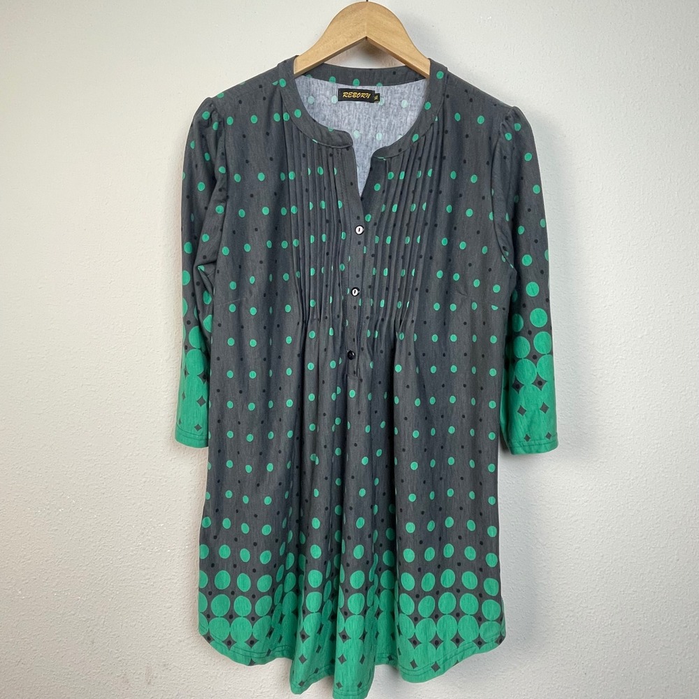 REBORN Womens Polka Dot Tunic Shirt XL Grey‎ Green Pleated V-Neck 3/4 Sleeve
